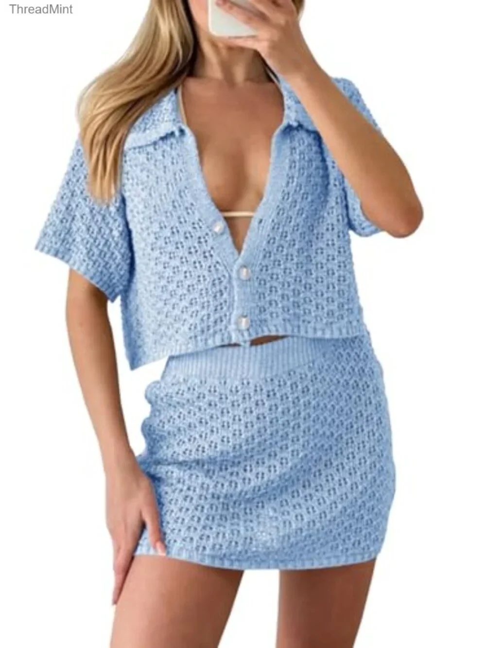 Crochet 2 Piece Cover Up Set Short Sleeve Crop Top Mini Skirt